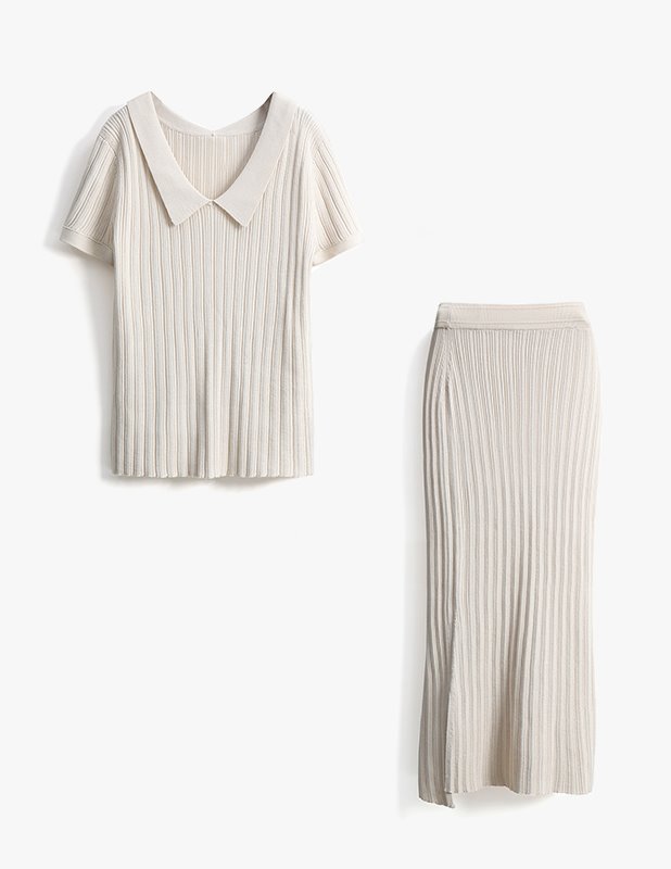 [Woman][SET]Pleasant Collar Knit Slit Skirt Set Up_Cream