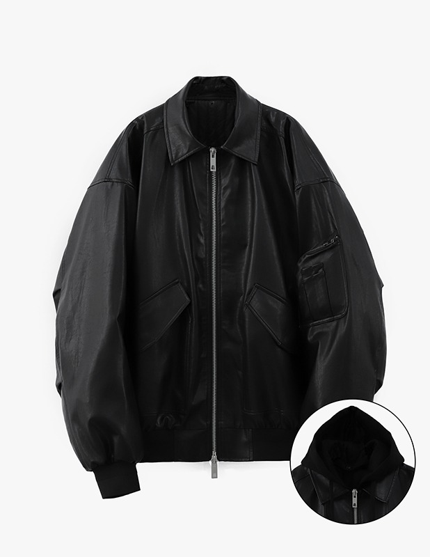 Buffing Leather Overfit MA-1 Hood Jacket_Black - La Fudge Store
