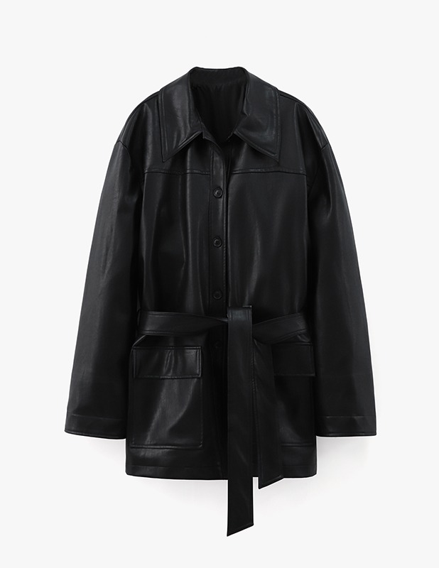 [Woman]Buffing Leather Robe Half Coat_Black