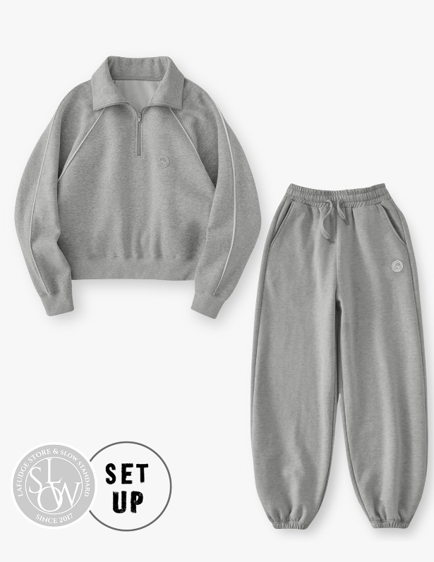 [Woman]Piping Club OverFit Half Zip-Up Sweatshirt&amp;Jogger Pants Set-up_Gray Melange