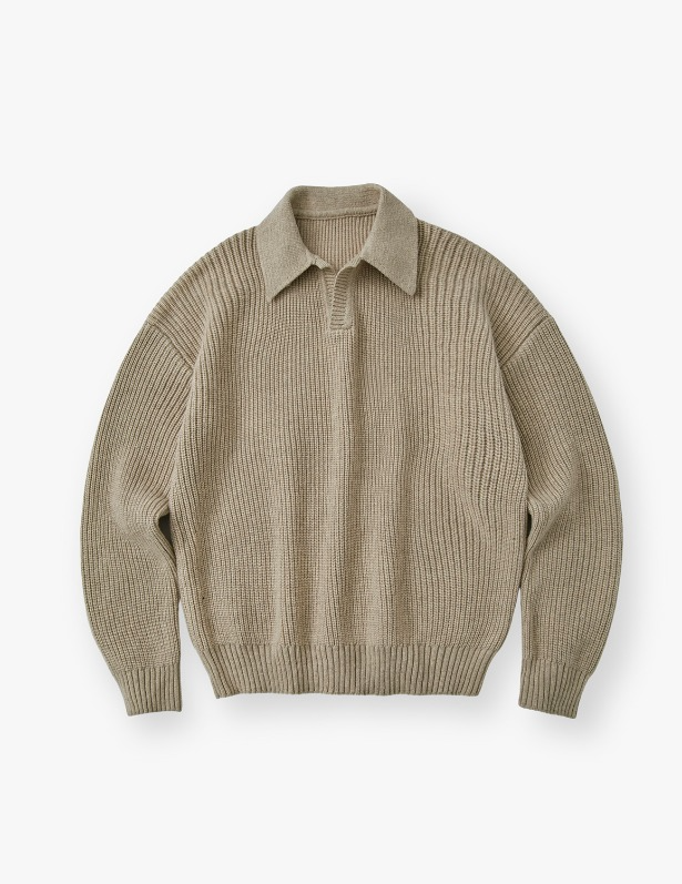 Overfit open collar wool knit_Light brown