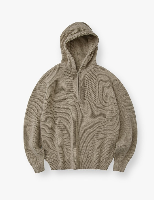 Overfit half zip-up hooded knit_Light brown