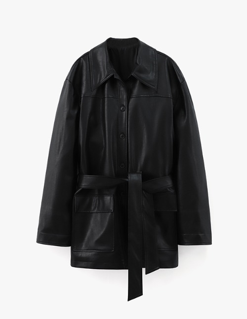 [Woman]Buffing Leather Robe Half Coat_Black