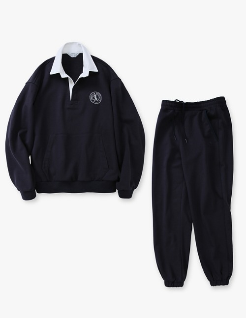[SET UP]Heavy Over Logo Rugby Sweat Shirt jooger Set Up_Midnight Blue