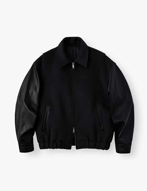 Woolrich Buffing Leather Overfit Varsity Jacket_Black