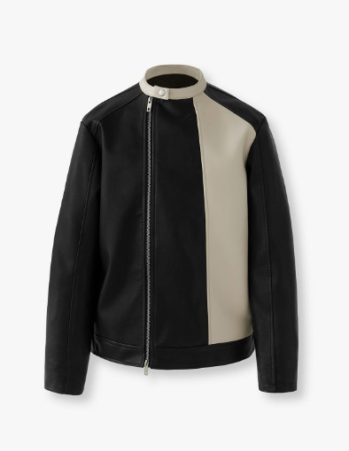 Buffing Leather Oblique Biker Jacket_Black&amp;Ivory
