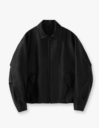 Buffwash Buffing Leather Overfit Short Field Jacket_Washing Black