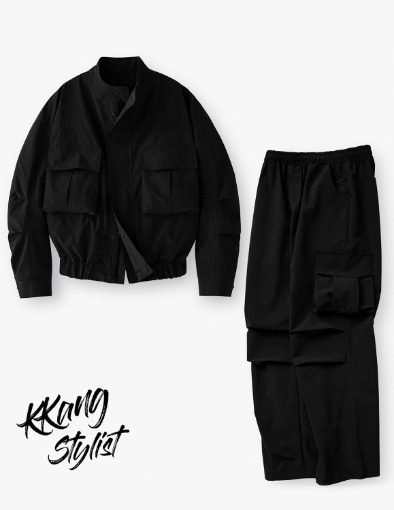 [KKANG STYLIST CO-LAB]Windshell Big Pocket Crop Jacket&amp;Parasuit Pants Set-up_Black