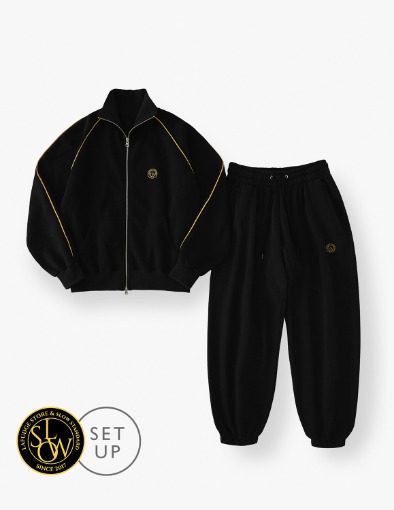 Piping Over Fit Sweat Zip Up&amp;Jogger Pants Set up_Black